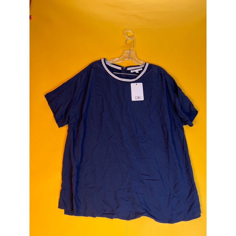 DR2 Ringer Blouse Top Womens 1X Plus Indigo Blue Short Sleeve Zip Crew Neck NWT